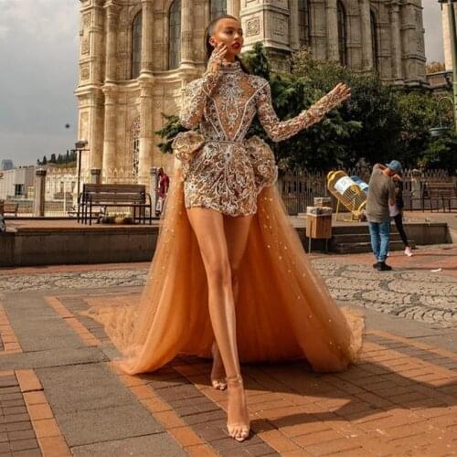 Luxury Beading Short Prom Dresses with Detachable Train Crystal High Neck Long Sleeve Evening Gowns Dubai Arabic Formal Wear
