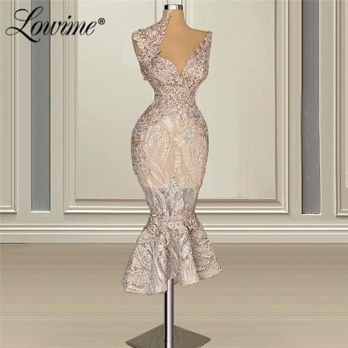 Saudi Arabia Mermaid Evening Dresses Tea Length Robe De Soiree 2021 Dresses Woman Party Night Gowns Beaded Applique Prom Dress
