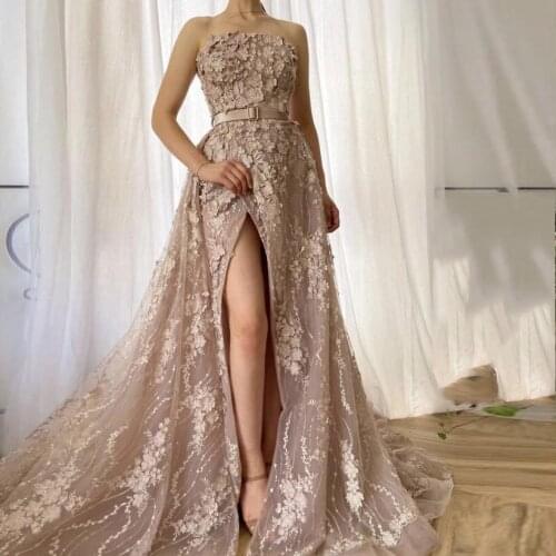 Sexy Dusty Pink Floral Lace Mermaid Prom Party Dresses High Side Split Long Bridal Dress With Detachable Train Women Long Gowns