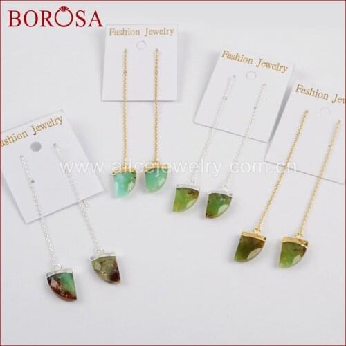 BOROSA Green Horn Gold Color Australia Stone Faceted Threader Earrings, Fashion Natural Stone Druzy Dangle Earrings 1347