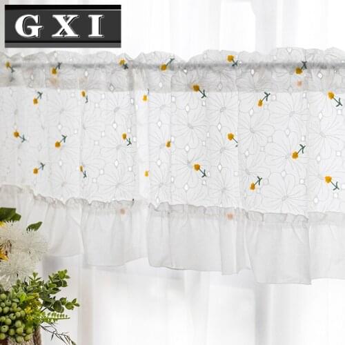 GXI Embroidered Tulle Curtains for Kitchen Room Pastoral Leaves Short Window Drapes Partition Door Home Decor