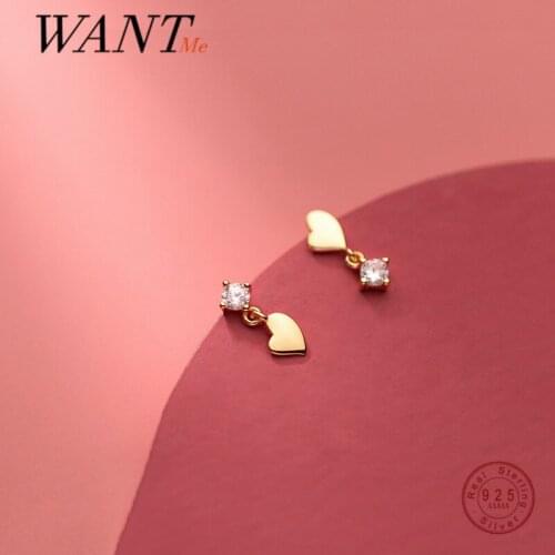 WANTME Real 925 Sterling Silver Sweet Korean Love Heart Zircon Small Stud Earrings for Women Romantic Party Jewelry Trend 2021