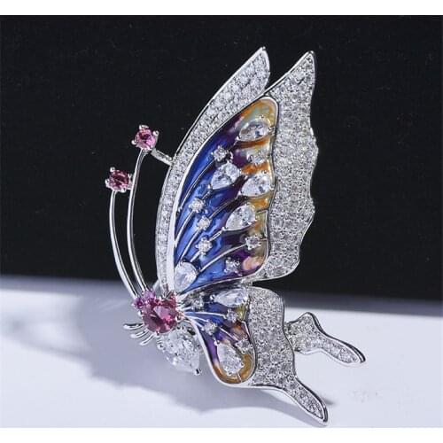 Cute Butterfly Blue Enamel Pins White Crystal Rhinestone Insect Brooches Bridal Wedding Brooch Dress Broach broche femme bijoux