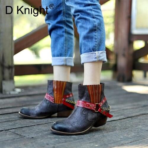 2020 New Classic Lady Chelsea Boots Handmade Genuine Leather Cowboy Ankle Womens Western Boot Chain Motorcycle Boot Shoes Woman