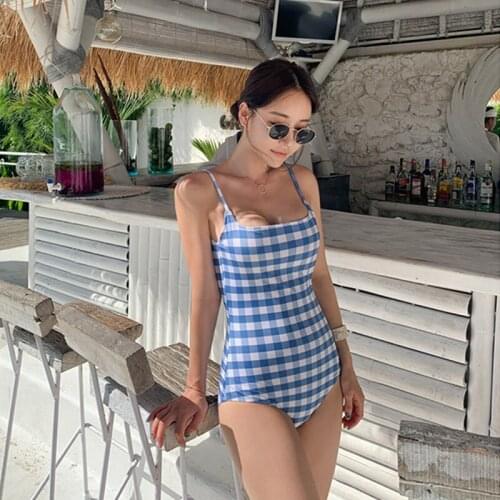 Women Swimwear One Piece Swimsuit Korean Style Sexy Checkered Open Back Plain Woman Monokini Bathing Suit with Pad Beachwear