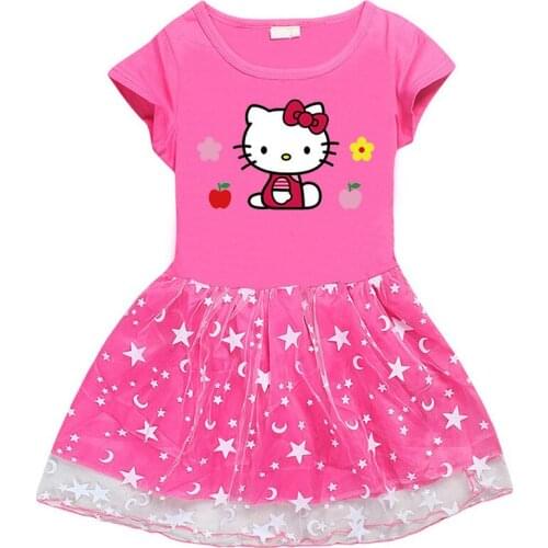 Sanrio 2021 Hello Kitty Girls Dress Cotton Printed Cartoon Stars Moon Mesh Short Sleeve Princess Dress