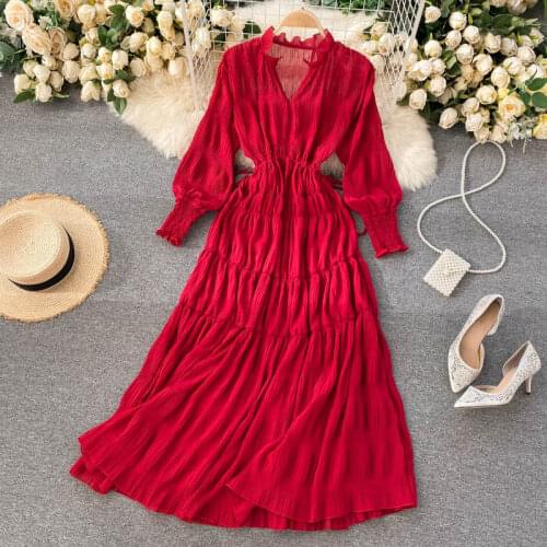 Women Dress Long Bohemian Holiday New Goddess Fan Temperament V-neck Drawstring Waist Dress Chiffon A-LINE Folds Puff Sleeve