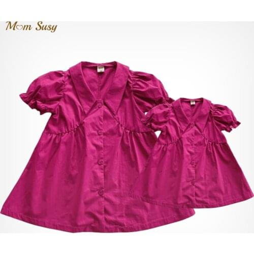 Mother Daughter Blouse Dress Family Matching Tshirt Vestido Puff Sleeve Baby Girl Princess Cotton Dress Collar Button Summer