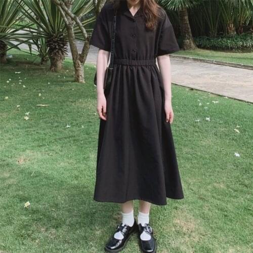 HOUZHOU Summer Dress Women Black short sleeve Midi Dress Elegant Loose Preppy Style Sundress 2021 Fashion Outfit Streetwear