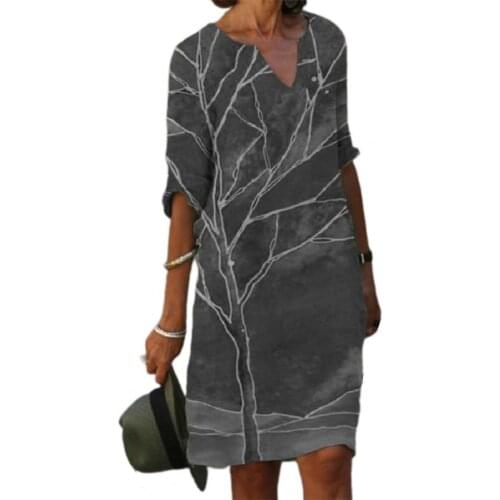 2021 Women Summer Dress V-neck Loose Waist Printing Vintage Casual Five-point Sleeve Dresses