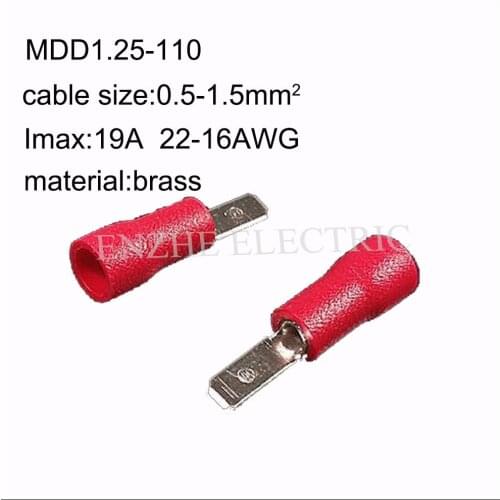1000pcs MDD1.25-110 Brass Insulated male disconnectors Nylon 22-16AWG 19A 0.5-1.5mm2 male fully Insulated joint Terminal
