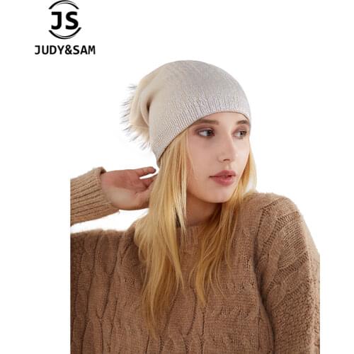 Unique Silver Paint Winter Hats for Women with Real Fur Pom Pom Thick Winter Beanies Caps for Men