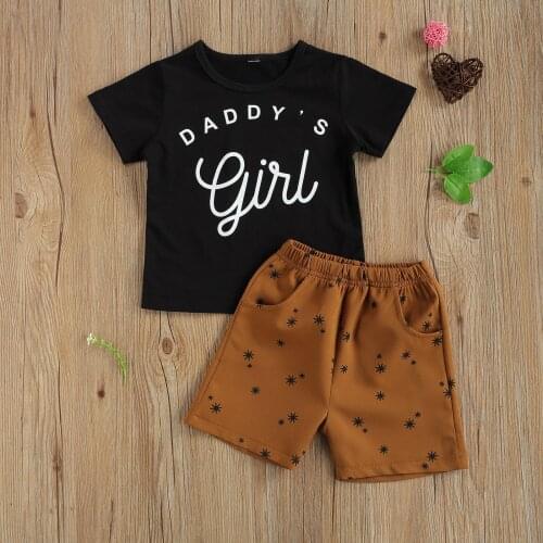 2 Pieces Kids Girls Clothes Set Letter Print Round Neck Short Sleeve T-Shirt+ Short Pants for Summer, Black, 1-6 Years
