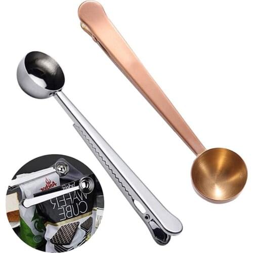 2 in 1 Coffee Spoon Long Handle Sealing Clip Multifunction Stainless Steel Coffee Scoop Measuring Scoop With Clip Coffee Tools