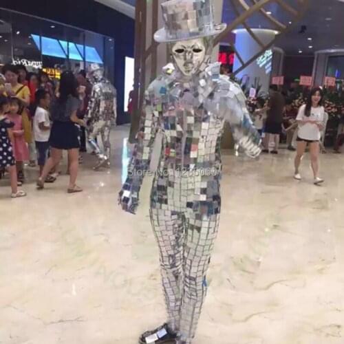 Free Shipping Jumpsuit Mirror Clothing Dazzling Fashion Costume Men Women Street Art Club Show Party Stage Dancer Robot Suit