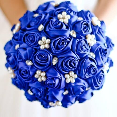 Free shipping Sapphire Blue Rose flower bridal brooch bouquet Wedding Bride 's Jewelry Pearl Rhinestone Cloth fabric Bouquets