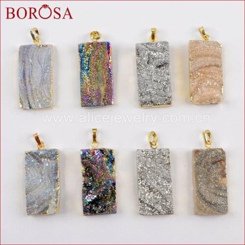BOROSA Druzy Jewelry 10PCS Natural Stone Gold Color Rectangle Rainbow Titanium Galaxy Pendant For Necklace Making G1612