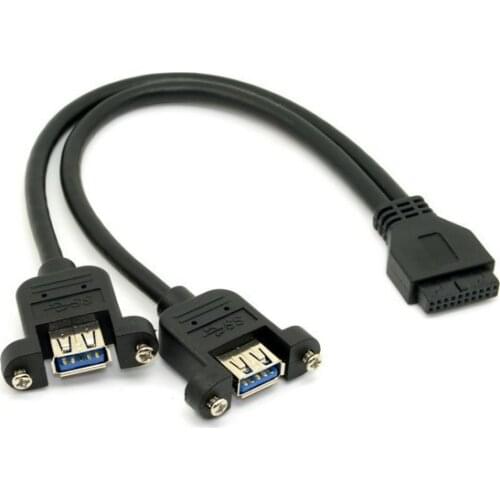CYSM USB 3.0 Dual Ports A Female Screw Mount Type to Motherboard 20pin Header Cable Black Color