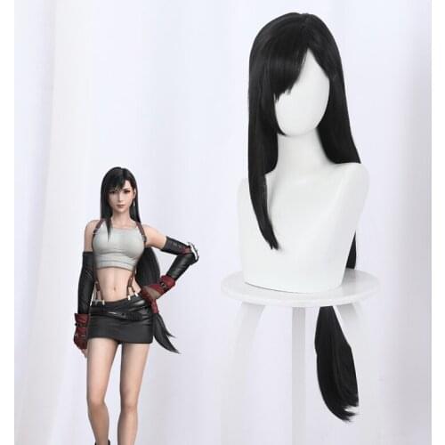 FF7 Remake Final Fantasy 7 Tifa Lockhart Wig Cosplay 90cm Long Black Chemical Fiber Wigs Halloween Cosplay Prop