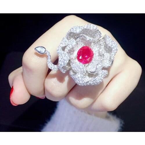 Hyperbole big lotus flower cocktail ring 925 sterling silver with cubic zircon fine women jewelry adjustable size