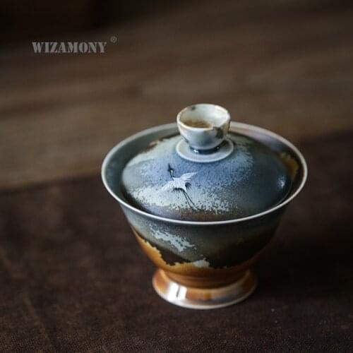 WIZAMONY Natural Kiln Change Hand-drawn Blank Cover Bowl Hand-painted Crane Bowl Jingdezhen Ceramic Kung Fu Tea Set Sancai Bowl