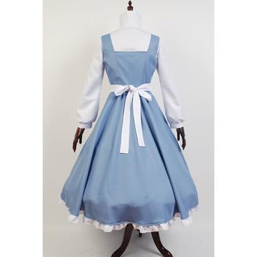 Beauty and the Beast Cosplay Belle Maid Dress Maid Costume Women Blue Full Set Dress Shirt + Dress + Apron + Headwear