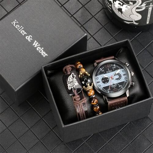 Keller & Weber Men Watch Sets Gifts Male Punk Bracelets Quartz Wristwatch High Grade Present Box Mens Bracelet Watch Set reloj