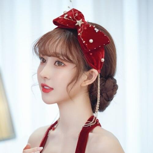 Wine Red Velvet Hairbands For Women Vintage Big Bow Rhinestone Hair Bands Elegant Church Cocktail Wedding Party Velour Headpiece