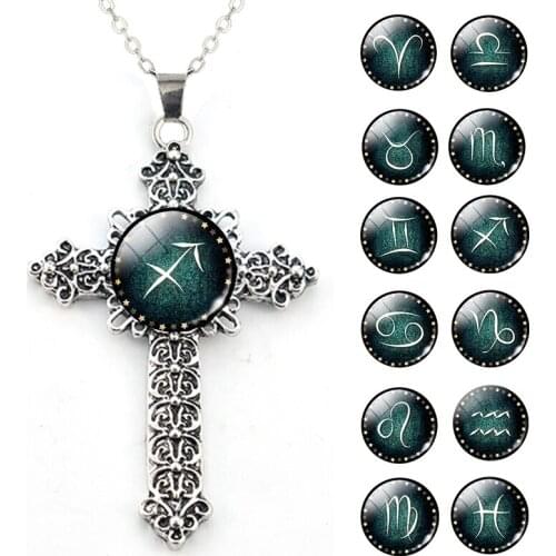 12 Constellation Aries Taurus Gemini Cancer Leo Virgo Libra Scorpio Necklace Silver Plated Cross Pendant Necklace Cross Jewelry