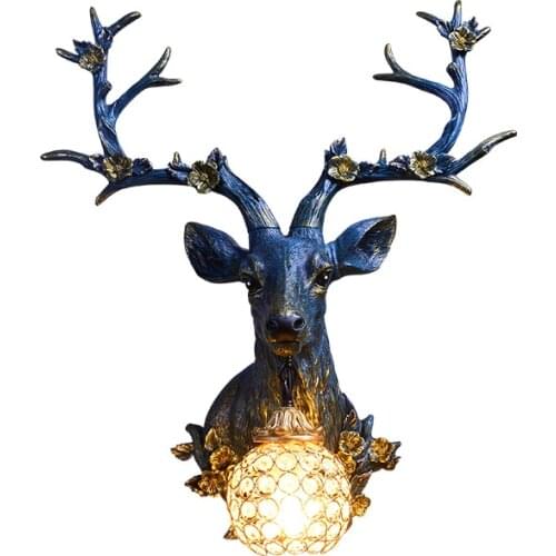 Retro Luxury Resin Wall Lamp Modern Creative Deer Head Blue Wall Sconce Bedroom Corridor Aisle Wall Sconce Kitchen Fixtures