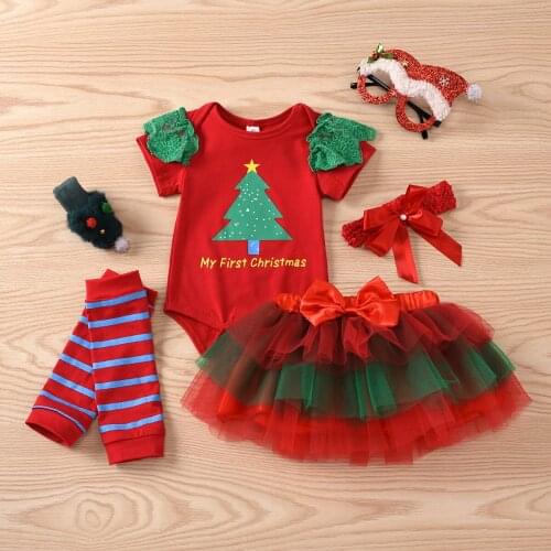 Baby Girl Christmas Set Ruffle Short Sleeve Bodysuit High Waist Floral Mesh Skirt Bowknot Headband Leg Warmers Princess Set