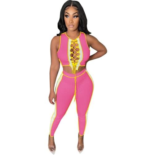 Sexy Women Tracksuit Cross Bandage Top And Long Pants Color Patchwork Matching Sets Summer Clothes For Womnen Outfit