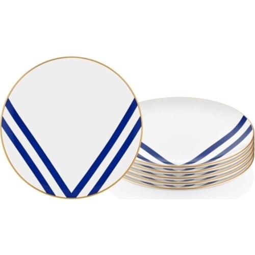 The Mia Stylish Design White Blue Striped Pattern High Quality Ceramic Manufactured Gift Ligne Cake Dessert plate 6'Lı Set 19 cm