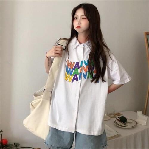 Womens T-shirts Tops Japanese Kawaii Ladies Ulzzang Retro Cartoon Print Loose T-shirt Female Korean Harajuku Clothes For Women