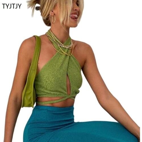 TYJTJY Green Sexy Bandage Halter Crop Tops for Women Sleeveless Backless Club Party Chic Wrap Cropped Top Slim Streetwear