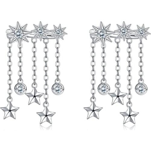 SILVERHOO 925 Sterling Silver Star Line Tassels Stud Earrings For Women Shining Zircon Fashion Wedding Earrings Fine Jewelry