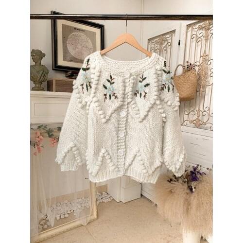 Women Sweater Hollow Sweet Sweater Round Neck Three-dimensional Hand-embroidered Thick Needle Cardigan Knitted Women