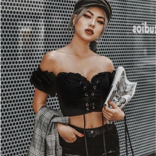 Women Fashion Off Shouder Crop Top Tie Up Ruffle Slim Short-sleeved Summer Breather Lady Black T-shirt