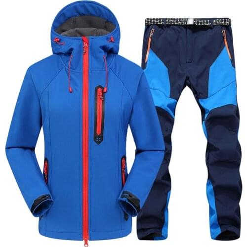 Hiking Suit Women Winter Thermal Fleece Jacket Outdoor Sports Hooded Coat Windproof Waterproof Softshell Jacket And Pants Set