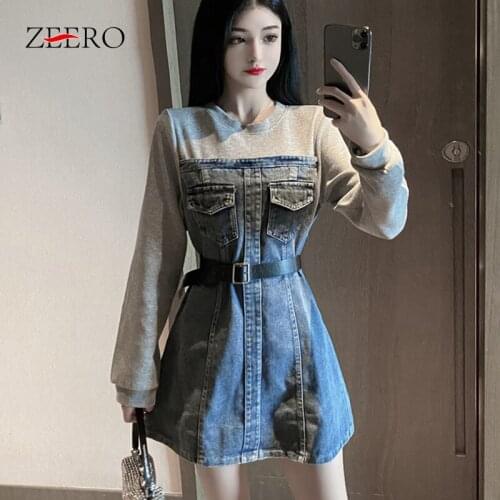 Autumn Winter Female Denim Splicing Long sleeve Slim A-Line Dress Women Casual Vintage High Waist with Belt Mini Dresses Korean
