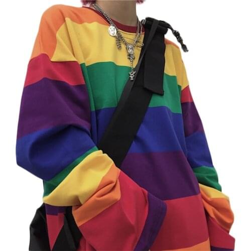 Women Long Sleeve O-Neck T Shirt Harajuku Rainbow Striped Printed Pullover Tunic Tops Hip Hop Oversized Loose Streetwear