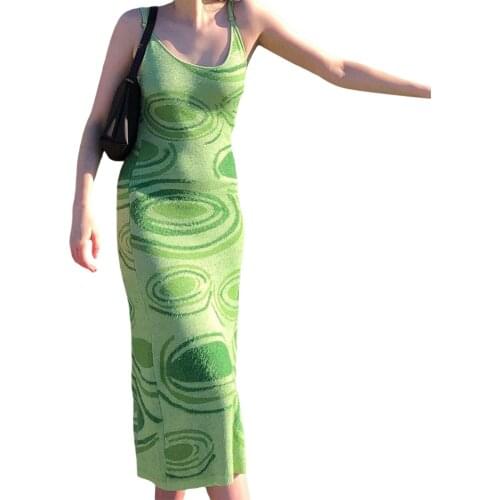 Print Knit Bodycon Dress for Women Y2K Green Hollow Out Midi Dresses Sleeveless 2021 Summer Beach Dress