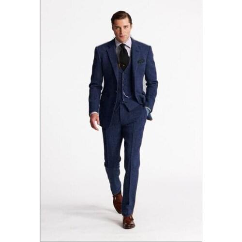 2018 Navy Blue Tweed Suit Men Groom Blazer Slim Fit 3 Piece Tuxedo Custom Prom Wedding Suits Terno Masculino Jacket+Pant+Vest