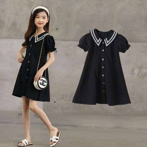 2021 Summer New Kids Dresses 4-10 Years Teen Girls Korean School Style Dress Child Puff Sleeve Buttons Cute Dress Girl Clothing