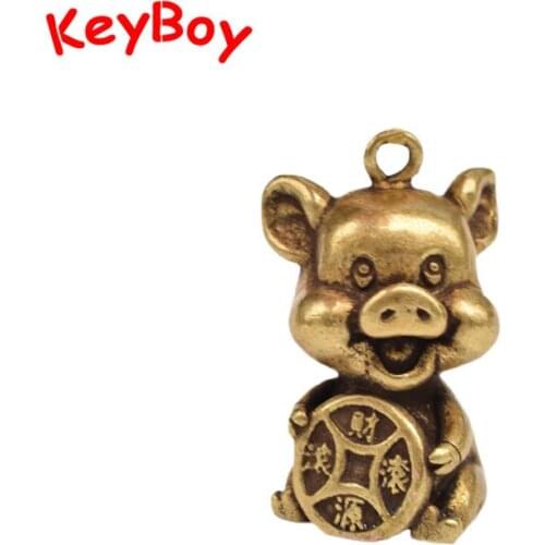 Antique Brass Lucky Zodiac Pig Pendant for Keychain Metal Copper Cartoon Animal Chinese Feng Shui Hanging Accessories Keyrings