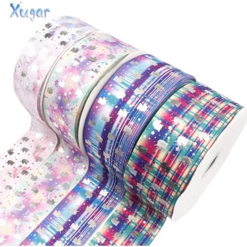 Xugar 75MM Bronzing Ribbon Grid Unicorn Printed Grosgrain Ribbon For Bow Making Gifts Packing Wedding Party Decor Accessories 2y