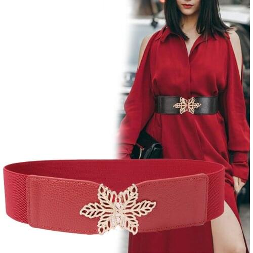 Elastic Genuine leather Belts for Women Fashion Wide waistbands NEW Luxury cowskin gold Metal snowflake Buckle Cummerbund dress