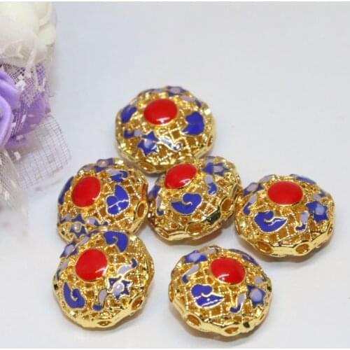 Elegant 5pcs 15mm round hollow coin cloisonne enamel accessoried spacers beads gold-color enamel carved flower jewelry B2388