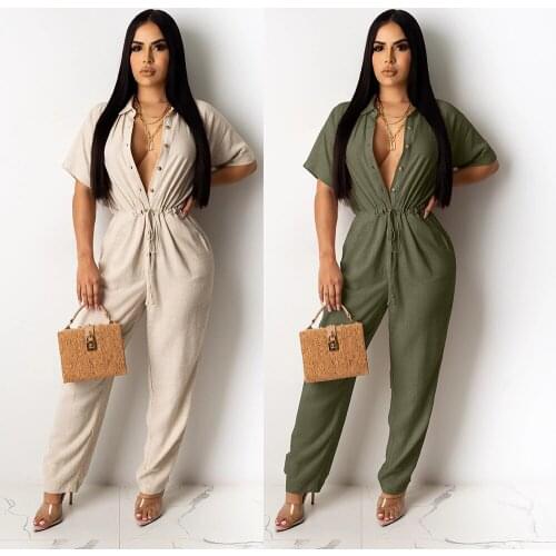 European and American sexy fashion womens deep V shirt style waistband tie ladies jumpsuit casual street suit