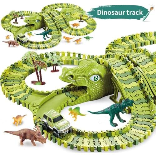 Dinosaur Race Track Set Rail Car Toys Assembly Bend Flex Racing Track Led Electronic Flash Light Car Toys for Children